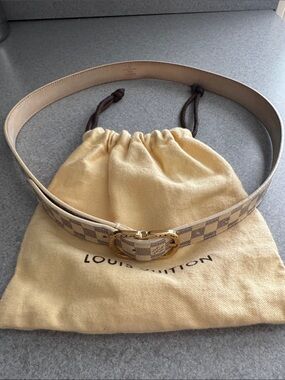 Louis Vuitton Damier Azur Beige and Cream Checkerboard Belt with Gold Buckle